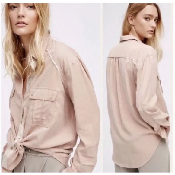 Free People Off Campus Button Down S Blush Pink Tencel Oversized Shimmer Trim - Picture 3 of 16
